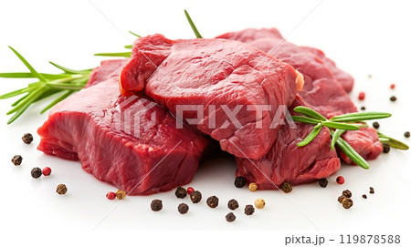 Fresh steak pieces, rosemary and spices isolated on white background 119878588