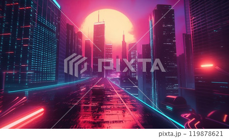 Futuristic city at night with neon lights 119878621