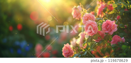 Beautiful pink roses blooming in the garden with sun light. Beautiful pink roses blooming in the garden with sun light. 119878629