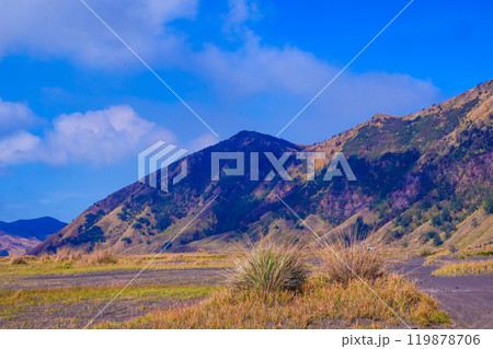 Landscape of rolling hills with vibrant green grass under a blue sky 119878706