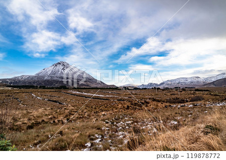 Aerial view of Mount Errigal in the winter, the highest mountain in Donegal - Ireland. 119878772