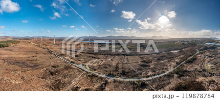 Aerial view of Bonny Glen and the Loughderryduff windfarm between Ardara and Portnoo in County Donegal. 119878784