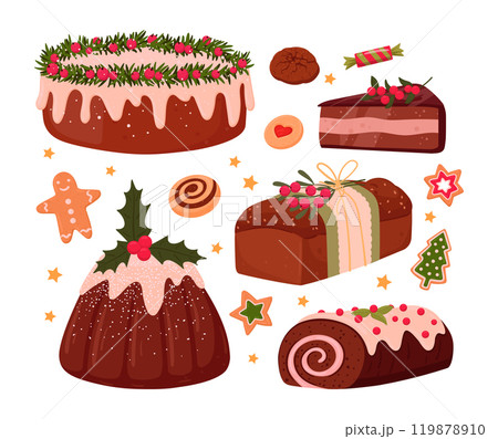 Christmas pastries. Cartoon baked banana bread, festive cake with vanilla icing and xmas cookies, winter holidays delicious food flat vector illustration set. Xmas festive sweet baking Christmas pastries. Cartoon baked banana bread, festive cake with vanilla icing and xmas cookies, winter holidays delicious food flat vector illustration set. Xmas festive sweet baking 119878910