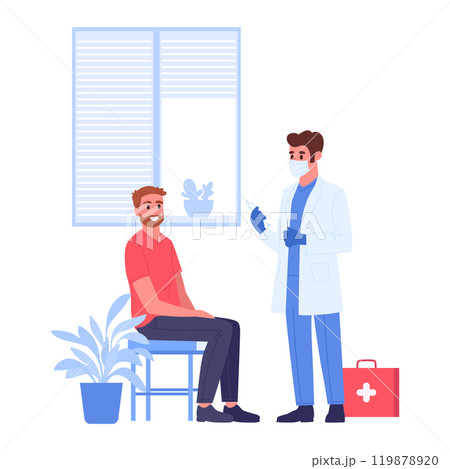 Patient at medical clinic. Vaccination or blood sampling, doctor with syringe and patient, medical appointment flat vector illustration. Healthcare and medicine concept 119878920