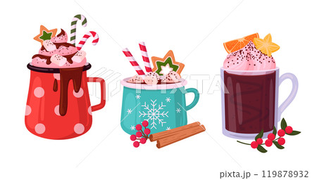 Winter holidays drinks. Christmas hot beverage cups, festive mugs with hot cocoa with marshmallow and cinnamon sticks decor flat vector illustration set. Xmas hot drink cups on white 119878932