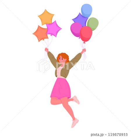 Woman floating with air balloons. Cartoon girl with colorful helium balloons in hands flat vector illustration. Cheerful female character jumping with balloons 119878933