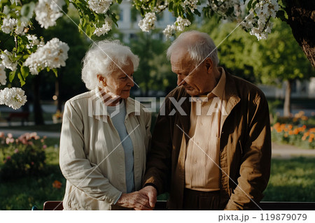 Elderly couple connecting under blossoming tree 119879079