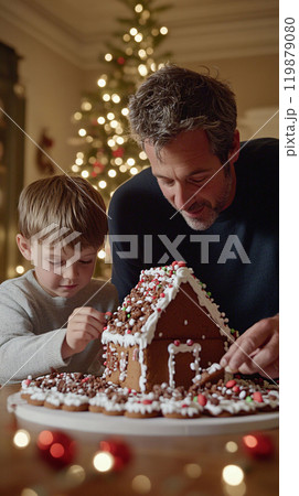 Father and Son Decorating Gingerbread House Together 119879080