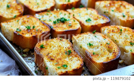 Golden Garlic Bread with Parsley Garnish in Baking Tray 119879102