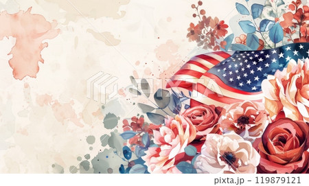 Vintage Floral American Flag Illustration for Patriotic Themes 119879121