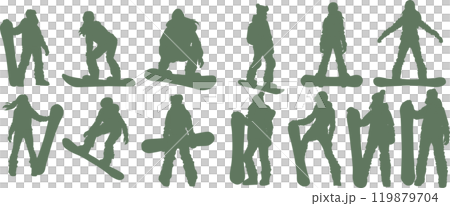 Silhouette illustration set of a woman snowboarding on a snowy mountain in winter 119879704