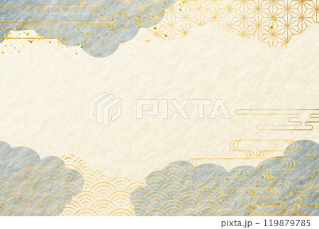 冬　和柄　高級感・青・金・雲　和紙の背景	 119879785