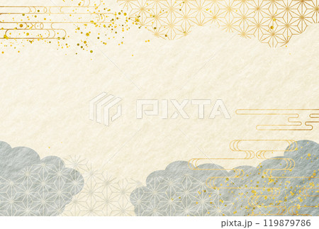 冬　和柄　高級感・青・金・雲　和紙の背景	 119879786