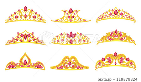 Princess crowns tiara icon set. Beautiful golden jewels with precious stones. Precious head accessory. Headdress in flat design isolated on white background Princess crowns tiara icon set. Beautiful golden jewels with precious stones. Precious head accessory. Headdress in flat design isolated on white background 119879824