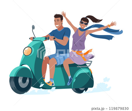 Man and woman on motorbike. Flat couple riding. Traveling by motorcycle together, vacation. Trip concept, vector cartoon illustration 119879830