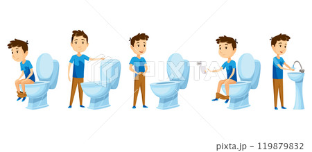 Kid use bathroom icon set. Baby boy using toilet. Cartoon funny preschool kid training to use toilet, isolated on white. Vector illustration infographic how to use the toilet 119879832
