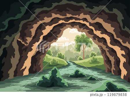 Cave river landscape. Underground rocky cave with water and forest outside. Cartoon with view through entrance. Exit from cave. Vector cartoon illustration of empty stone cavern Cave river landscape. Underground rocky cave with water and forest outside. Cartoon with view through entrance. Exit from cave. Vector cartoon illustration of empty stone cavern 119879838