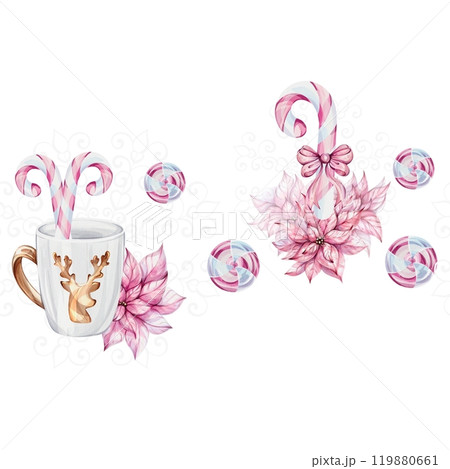 Watercolor Christmas seamless border - white mug with gold reindeer with openwork snowflake. Candy cane, poinsettia flowers. Noel. Template, elements for new year greeting cards, invitation, poster 119880661
