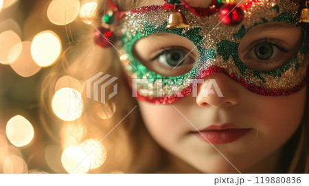 Charming Close-Up Portrait of a Young Girl in a Festive Christmas Mask with Red and Green Glitter, Miniature Bells, and Excited Expression Against Warm Holiday Lights 119880836
