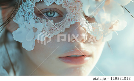 Delicate Portrait of a Woman in Floral Lace Mask with Gentle Glow, Soft Lighting Emphasizing Intricate Lace Details and Serene Expression Against Blurred Background Delicate Portrait of a Woman in Floral Lace Mask with Gentle Glow, Soft Lighting Emphasizing Intricate Lace Details and Serene Expression Against Blurred Background 119881018