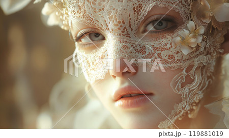Delicate Portrait of a Woman in Floral Lace Mask with Gentle Glow, Soft Lighting Emphasizing Intricate Lace Details and Serene Expression Against Blurred Background 119881019