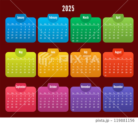 Rainbow calendar Year 2025. vector calendar. Calendar on white Background for business. 119881156