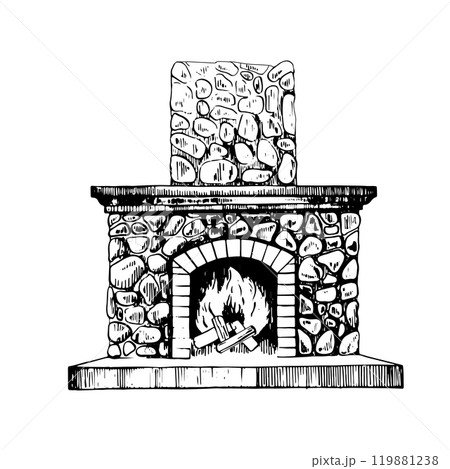 A stone fireplace with wood and fire inside. Vector illustration for Christmas and New Year design of postcards, printing, gifts, packaging. Interior decoration, tableware, textiles. For websites A stone fireplace with wood and fire inside. Vector illustration for Christmas and New Year design of postcards, printing, gifts, packaging. Interior decoration, tableware, textiles. For websites 119881238