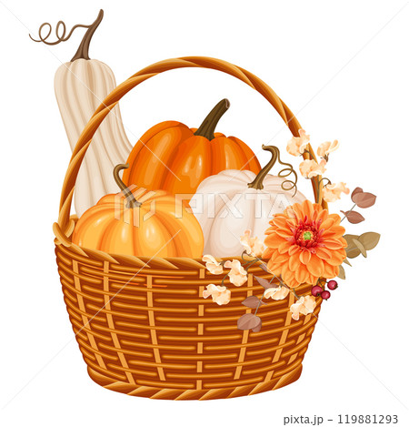 A vibrant autumn-themed vector illustration of a wicker basket filled with pumpkins, flowers, and foliage. 119881293