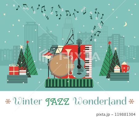 Winter Jazz Wonderland fancy festive vector poster. Saxophone Live Music cute hand drawn minimal design element illustration. Christmas season Holiday celebration, live concert performance background Winter Jazz Wonderland fancy festive vector poster. Saxophone Live Music cute hand drawn minimal design element illustration. Christmas season Holiday celebration, live concert performance background 119881304