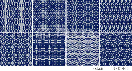 Collection of blue seamless ornamental vector patterns. Color oriental symmetry backgrounds. Geometric tile mosaic design. Grid textures - decorative outline prints Collection of blue seamless ornamental vector patterns. Color oriental symmetry backgrounds. Geometric tile mosaic design. Grid textures - decorative outline prints 119881460