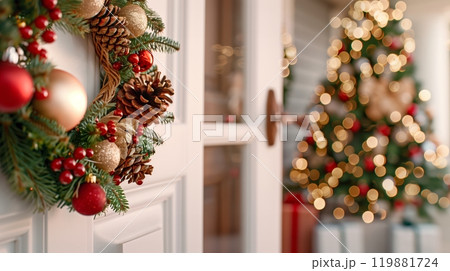 A room decorated with Christmas wreaths, and a Christmas tree. 119881724
