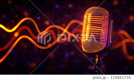 A microphone, with neon lines representing sound waves, against a dark background. 119881738