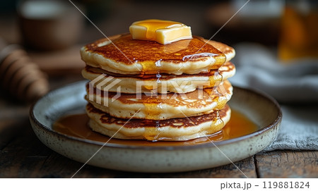 A stack of fluffy pancakes, topped with melted butter and maple syrup. 119881824