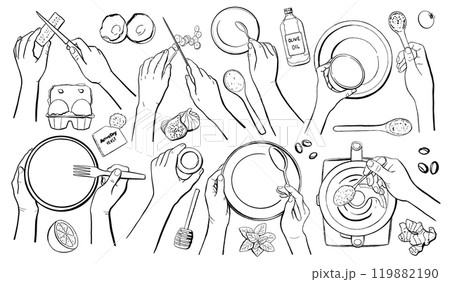 Cooking Human Hands Gestures Line Vector Illustration Set 119882190