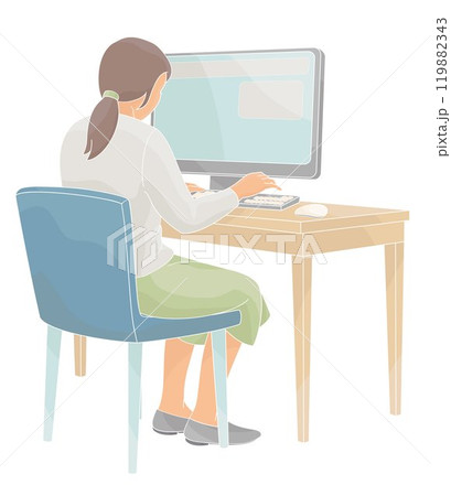 girl sits in a chair at a table working on a computer girl sits in a chair at a table working on a computer 119882343