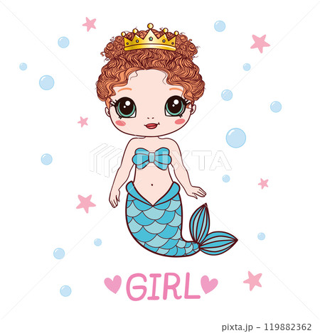 Beautiful little mermaid. Hand drawn vector illustration on a white background. Beautiful little mermaid. Hand drawn vector illustration on a white background. 119882362