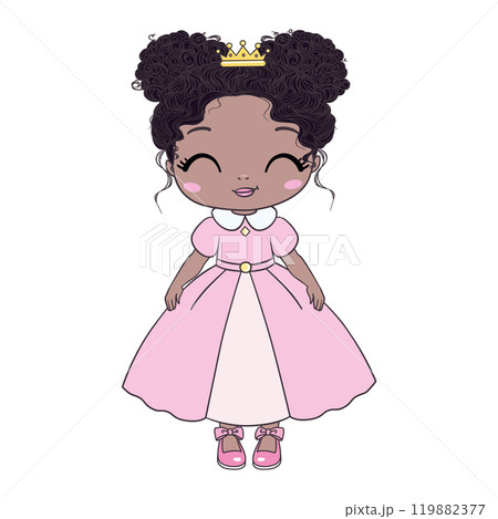 Girl doll is dark-skinned, African, African-American. Dark curly hair, big cute eyes, cartoon style. Girl doll is dark-skinned, African, African-American. Dark curly hair, big cute eyes, cartoon style. 119882377