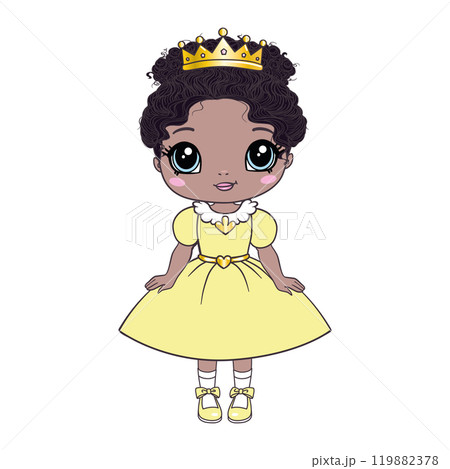 Girl doll is dark-skinned, African, African-American. Dark curly hair, big cute eyes, cartoon style. Girl doll is dark-skinned, African, African-American. Dark curly hair, big cute eyes, cartoon style. 119882378