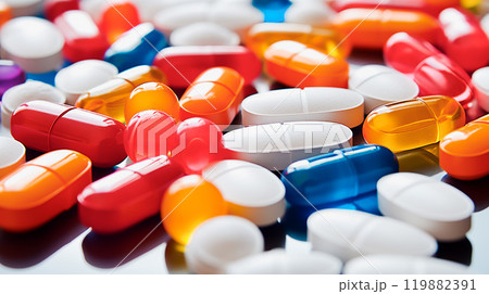 Many different pills and drugs. Health and treatment concept. 119882391