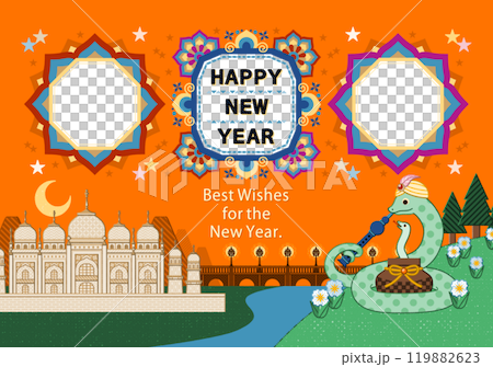 Snake Year Illustration New Year's Card Design "Indian Snake Charmer Snake and Mandala Frame" HAPPY NEW YEAR Snake Year Illustration New Year's Card Design "Indian Snake Charmer Snake and Mandala Frame" HAPPY NEW YEAR 119882623