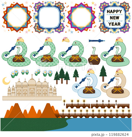 巳年イラスト年賀状デザイン素材「インドの蛇使い蛇と曼荼羅フレーム枠」HAPPY NEW YEAR 巳年イラスト年賀状デザイン素材「インドの蛇使い蛇と曼荼羅フレーム枠」HAPPY NEW YEAR 119882624