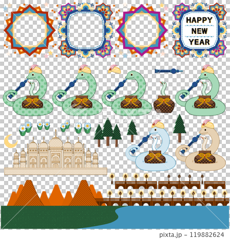 Snake Year Illustration New Year's Card Design Material "Indian Snake Charmer Snake and Mandala Frame" HAPPY NEW YEAR Snake Year Illustration New Year's Card Design Material "Indian Snake Charmer Snake and Mandala Frame" HAPPY NEW YEAR 119882624