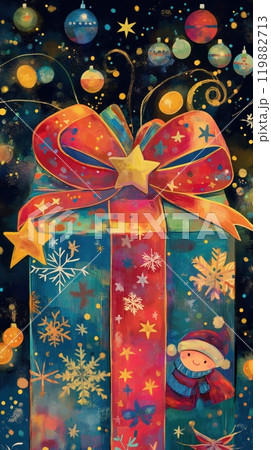 Heartwarming New Year's Gift Scene with Festive Decorations, Cozy Winter Lights, and Wrapped Present with Red Bow for Children 119882713