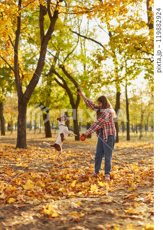 Happy joyful little girl playing with her funny Jack Russell Terrier in beautiful autumn forest Happy joyful little girl playing with her funny Jack Russell Terrier in beautiful autumn forest 119882924