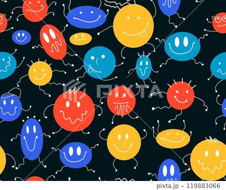 Abstract geometric creatures seamless pattern. Smiling characters. Childrens funny vector illustration. Suitable for printing on fabric and paper. 119883066