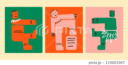Funny abstract men. Dancing geometric creatures posters. The natives. Vector illustration hand-drawn. 119883067