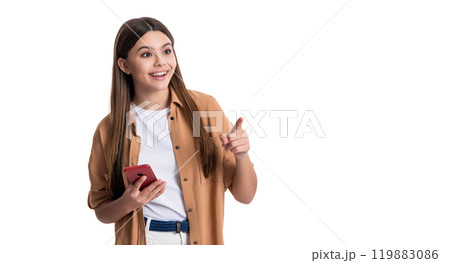 photo of surprised teen girl blogging on phone blog. teen girl blogging in blog isolated on white 119883086