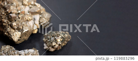 Sparkling pieces of pyrite stone of different sizes, banner. Concept of iron pyrite, abundant sulfide mineral 119883296