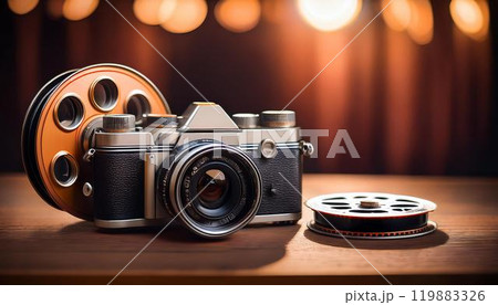 アナログカメラとフィルムリールのレトロな雰囲気 119883326
