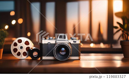ヴィンテージカメラとフィルムリールで作る懐かしいシーン 119883327